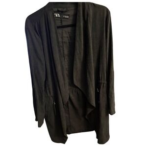 Zara Black Faux Suede Open Front Draped Waterfall Jacket Womens XL Drawstring